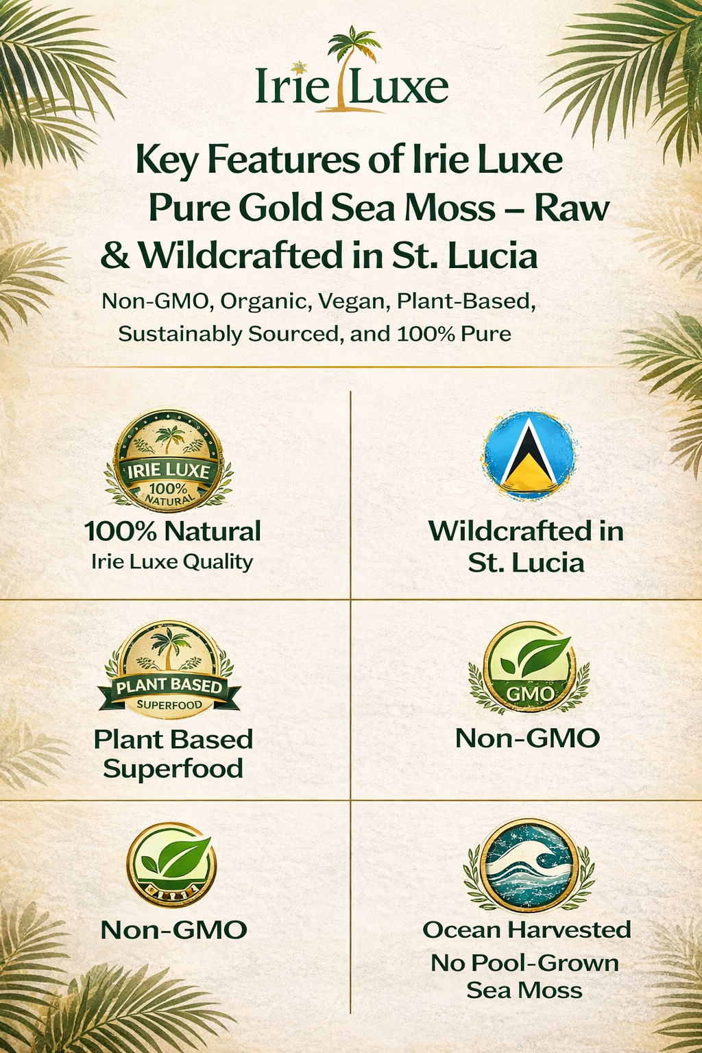 Irie Luxe Pure St. Lucia Gold Sea Moss - Raw, Wildcrafted, Natural